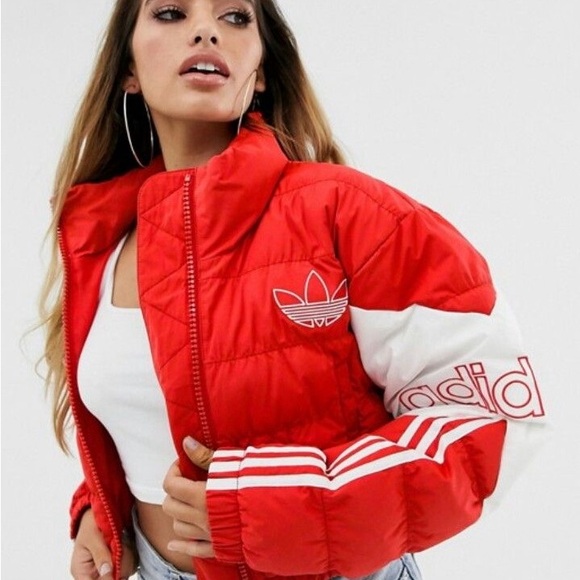 Adidas Originals Red & White Cropped Puffer Jacket - Size S style retro - Picture 12 of 12
